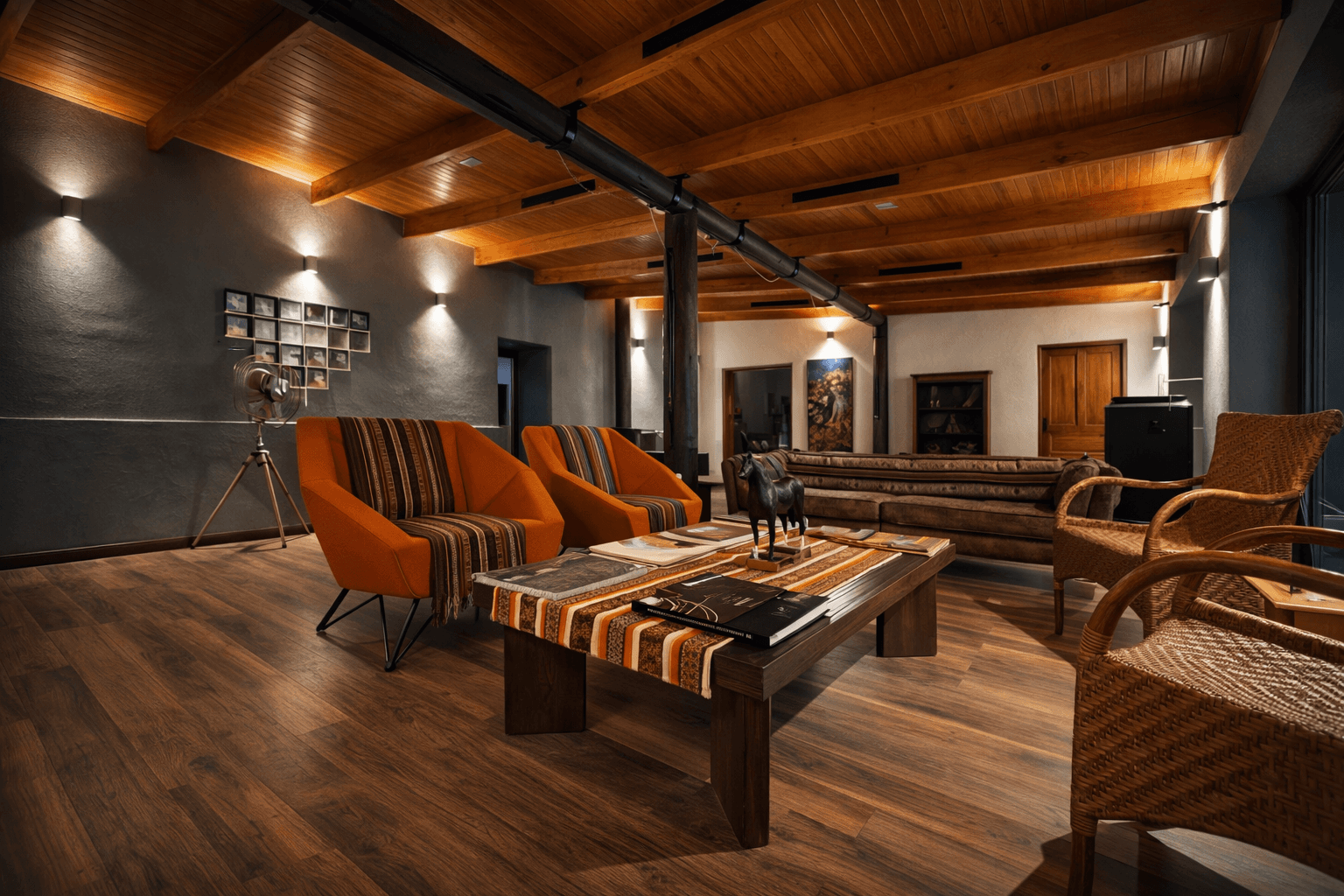 Living panorámico con techumbre de madera